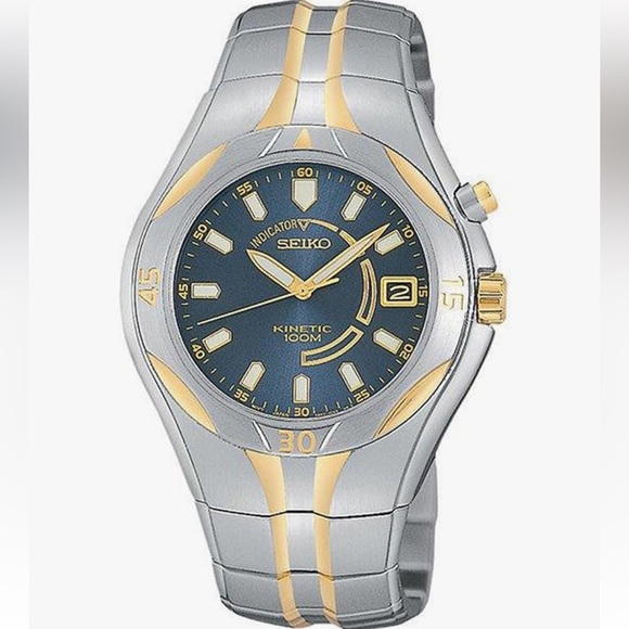 Seiko Men's SKA098 Kinetic Watch Two tone silver and gold blue face.40mm - Picture 1 of 11